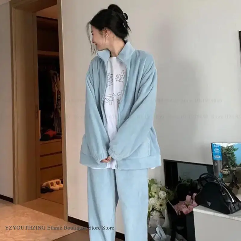 Winter Female Pajamas Set Sleepwear Warm Coral Fleece Trouser Pijamas Suit with Pocket Loose Thick Flannel High Collar Home Wear 2