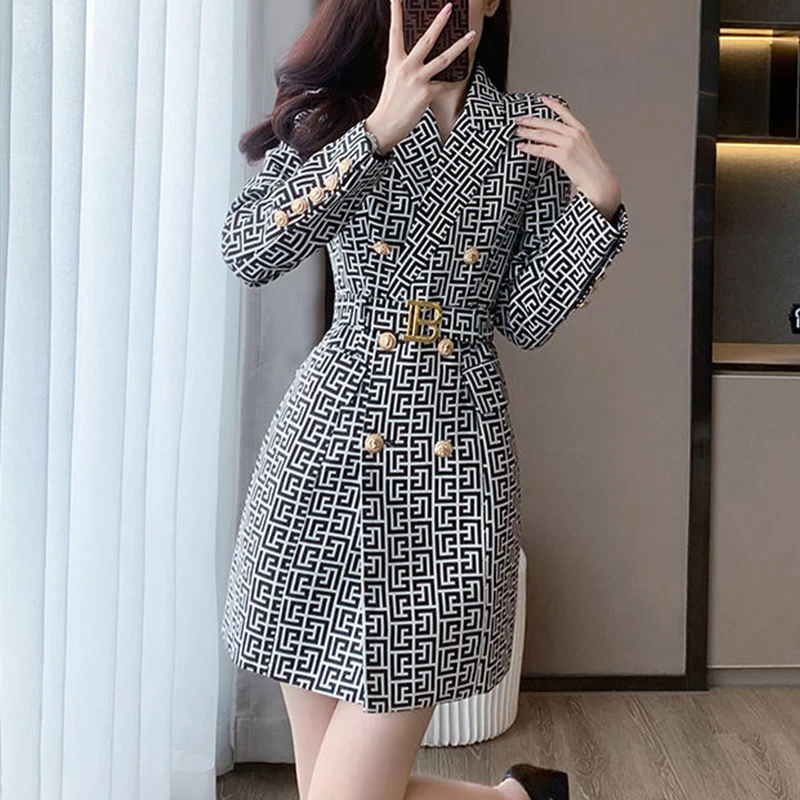 Autumn Winter Elegant Fashion Double Breasted Printing Blazer Dress Ladies Long Sleeve Temperament Waist Mini Vestido Women Robe