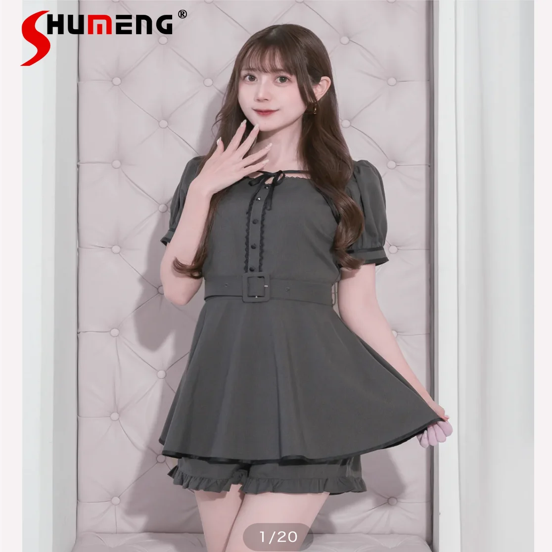 

Japanese Elegant Sweet Square Neck Lace-up Bow Bubble Sleeve Belt Slim Short Dress Elastic High Waist Shorts Two-piece Set Women