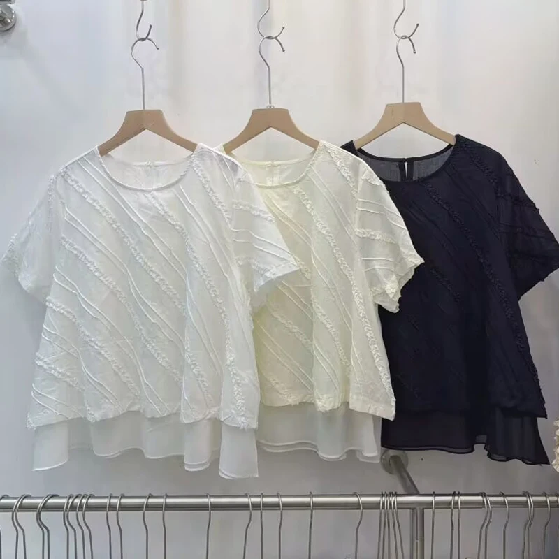 

round Neck Splice Loose Short Sleeve Women's Shirt Summer New Korean Style Slimming Head over Clothes Wood Grain