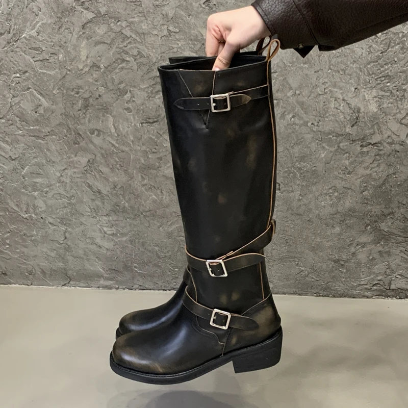 

Aneikeh/зимние модные женские сапоги до колена в стиле панк в стиле ретро с круглым носком, дизайнерские ботильоны с пряжкой на ремне, туфли на квадратном низком каблуке