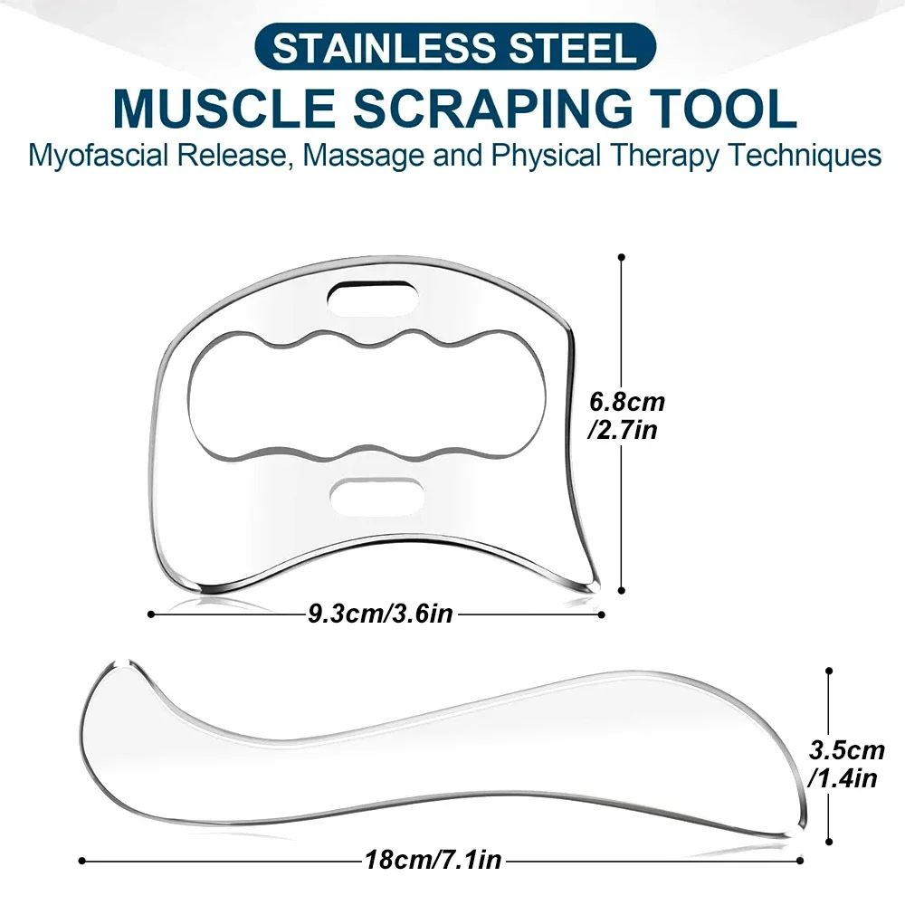 Herramientas de MASAJE Gua Sha de acero inoxidable, raspador muscular 2 en 1, juego de herramientas para liberación miofascial, masajeador de tejido