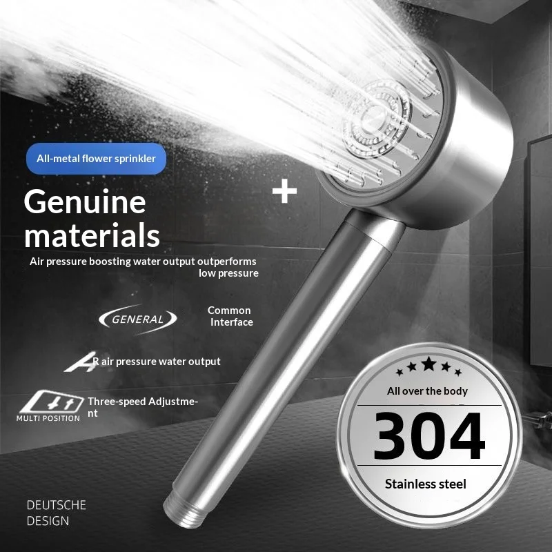 Stainless Steel Pressurized Shower Head - Super Strong 304 Brushed Metal, Shatter-Resistant Bathroom Shower Head