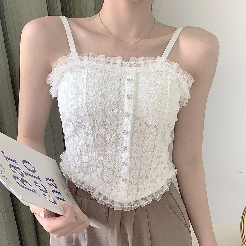 女性の裸の肩のレースのタンクトップ、ブラパッド付きのボタンチューブトップ、伸縮性のあるプリーツ、背中の開いたキャミソール、甘い、セクシー、y2kファッション、新しい