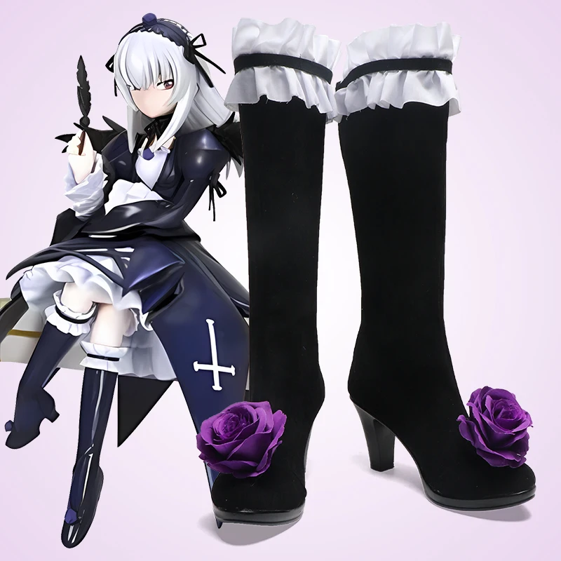 The Anime Mercury Lampe Cosplay rose flower lovely lolita lacy shoes black mid-calf boots female customize B