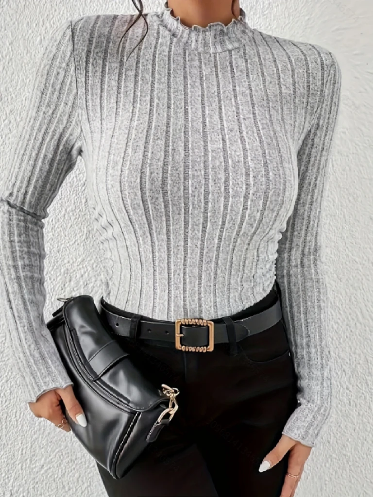 Roupa Feminina Moderna Blusa Gola Alta Com Babados Justa Manga Longa