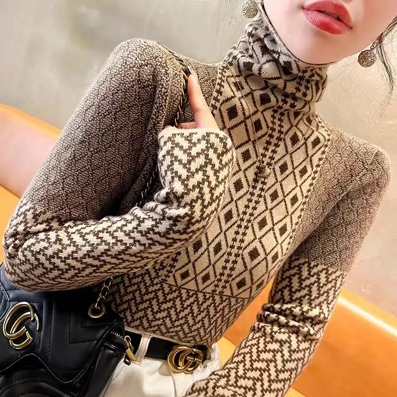 Autumn Winter New Vintage All-match Fake Two Pieces Patchwork Sweaters Women Clothing Fashion Slim Turtleneck Pullovers Knit Top