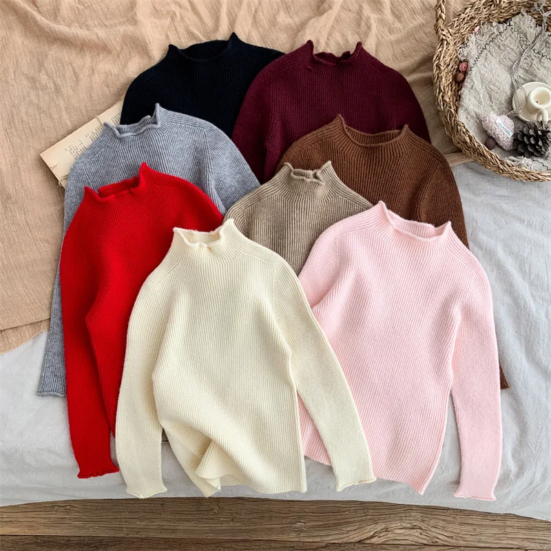 autumn winter 1-6Y girls bottoming shirt knitted mid-high collar toddler baby girls base-shirt soft candy color kids girls tops