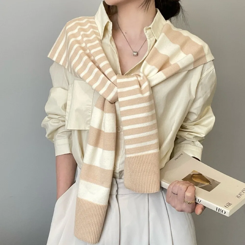 

Fashion Sunscreen Men Knitted Shawl Cloak Korean Style Asymmetry Stripe Scarf Wraps Knotted Fake Collar Wraps Blouse