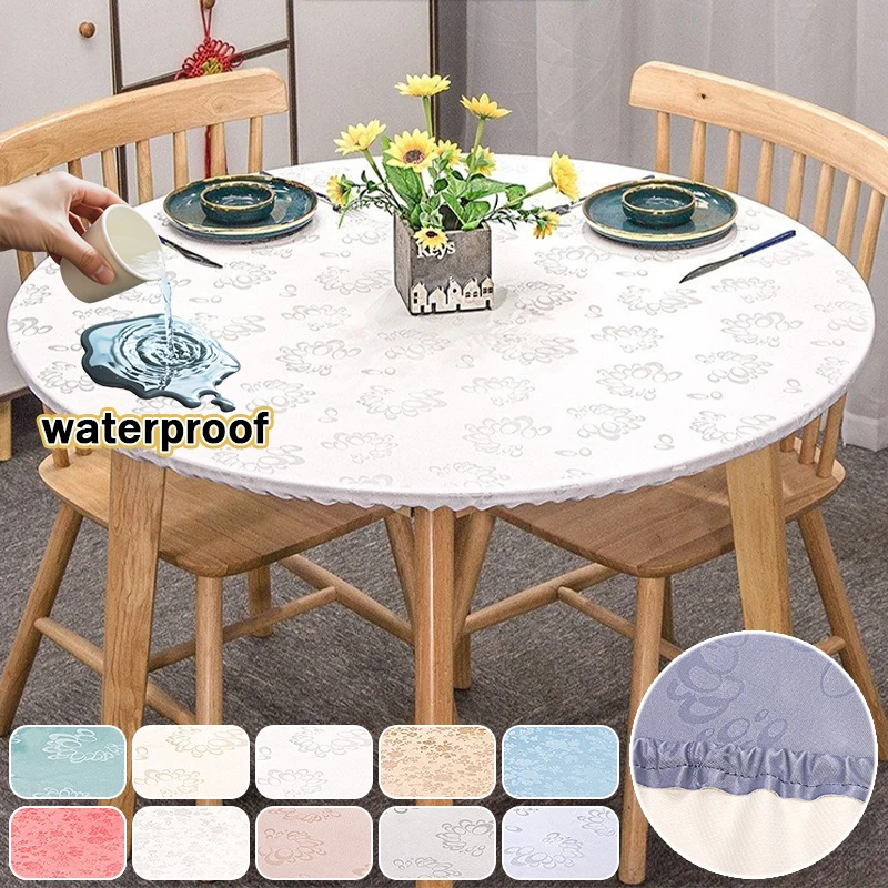 

1PC Elastic Edge Round Tablecloth 60/90/120/200cm Size Waterproof Oil Proof Easy Fit for Kitchen Dining Restaurant Party Table