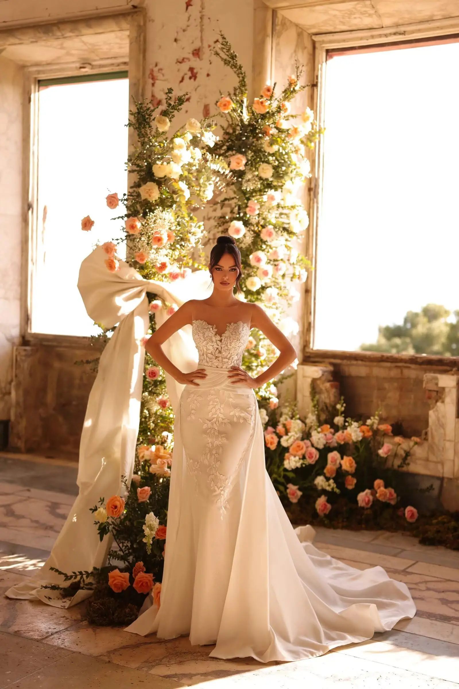 Gaun Pengantin Renda Putri Duyung untuk Pengantin Wanita Gaun Pengantin Boho A-Line untuk Wanita Gaun Pengantin Leher V