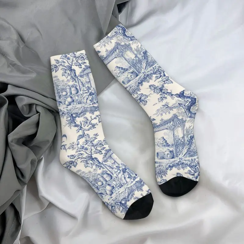 Fashion Mens Toile De Jouy Navy Blue Motif Pattern Dress Socks Unisex Comfortable Warm 3D Print Classic French Style Crew Socks