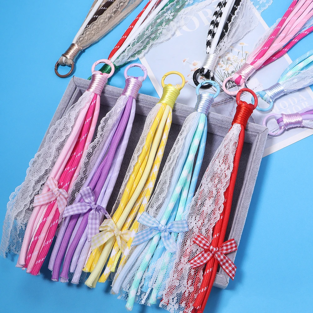 2pcs 21cm Lace Braided Lanyard Rope Colorful Bows Flower Design Keychain Cord For DIY Pendant Phone Chains Keychains Accessories