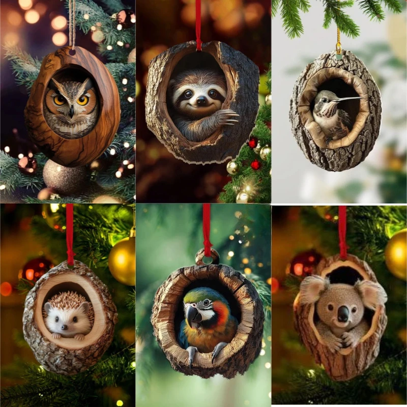 2D Flat Acrylic Tree Hole Animal Pendant Keychain Christmas Tree Home Party Decoration Flat Rearview Mirror Pendant Holiday Gift