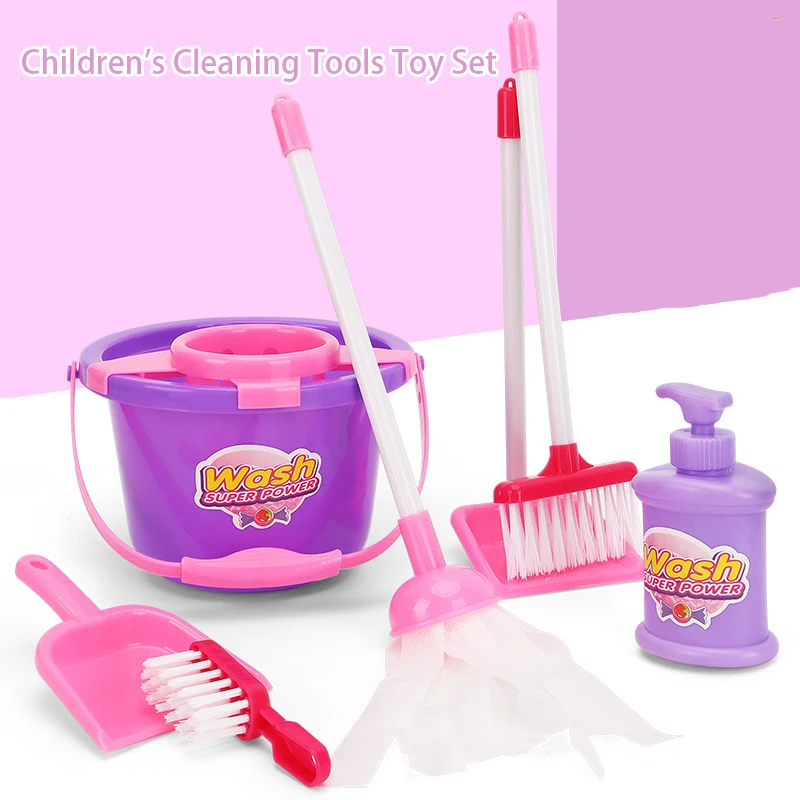 Children Play House Simulation Mop Broom Dustpan Mini Set Cartoon Fun Interactive Hygiene Cleaning Tool Toys For Birthday Gifts