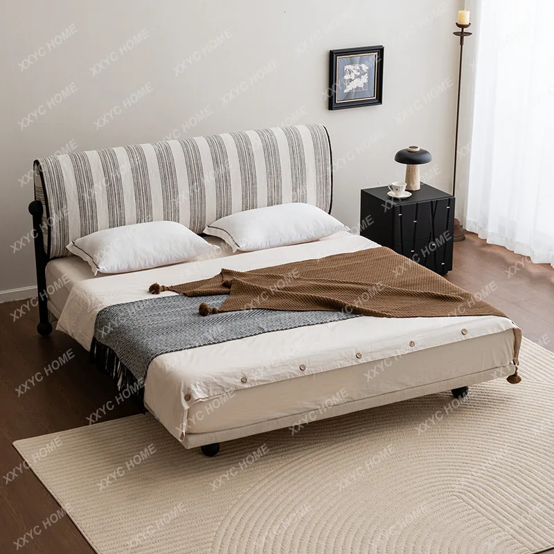 

DD Modern simple striped cloth bed retro master bedroom solid wood removable linen double bed