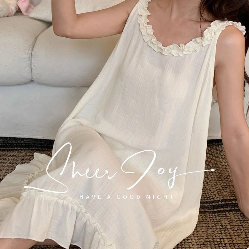 Sleeping Nightgowns for Women Korean Pure Cotton with Double Layered Yarn Small Orchid Suspender Loose Fitting Home Night Dress