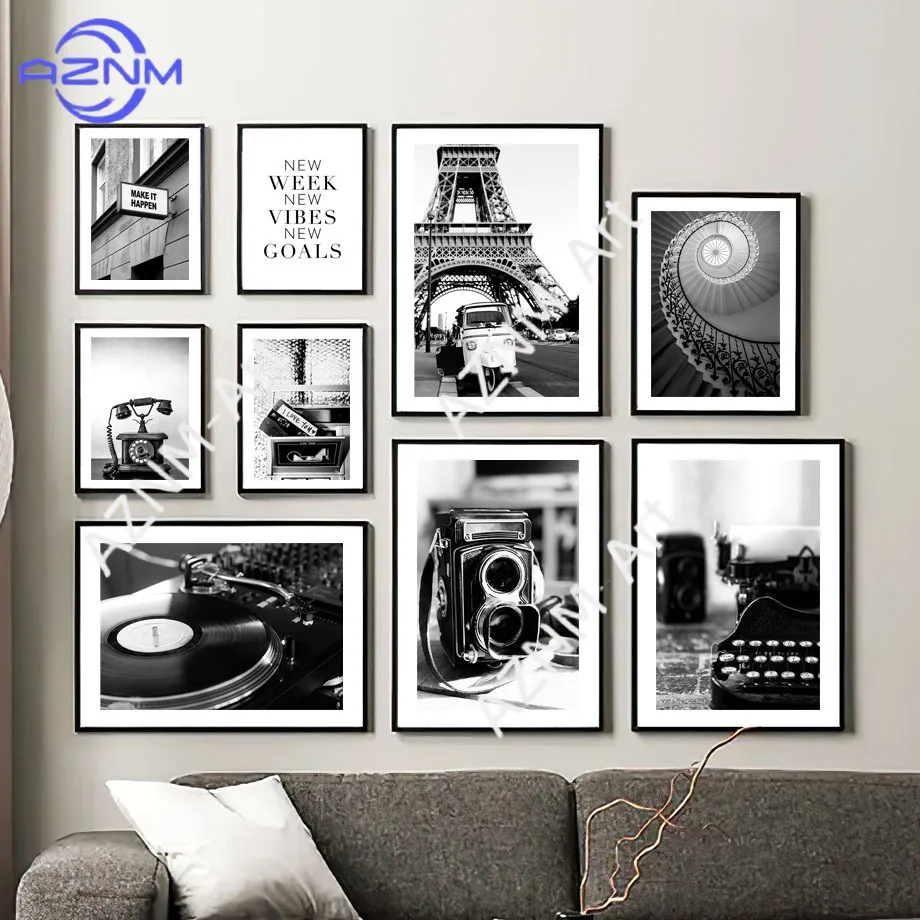 1 Stück, modernes dekoratives Paris-Gemälde in Schwarz-Weiß, zum Aufhängen, Kunst, Hotel-Poster, Wohnzimmer, Fotografie, minimalistische Kamera