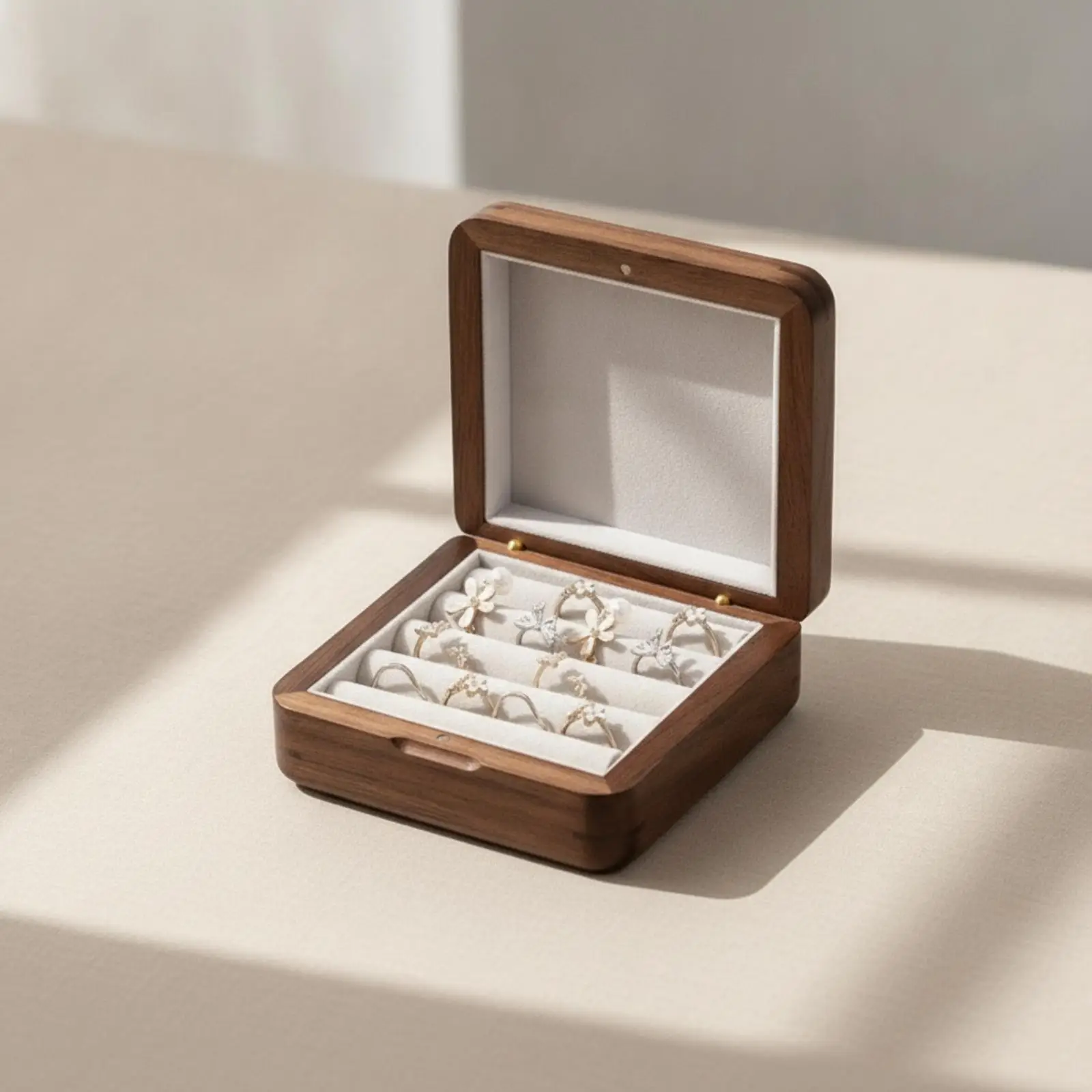 6xWooden rings Box Soft Lined rings Box with Hinged Lid Compact Jewelry Organizer with Slots for Dresser, Vanity, Travel