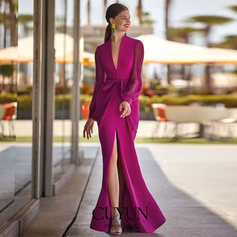 

CUYUN Элегантные вечерние платья с длинными рукавами по индивидуальному заказу, сексуальное платье русалки с разрезом спереди, вечернее платье цвета фуксии с глубоким v-образным вырезом