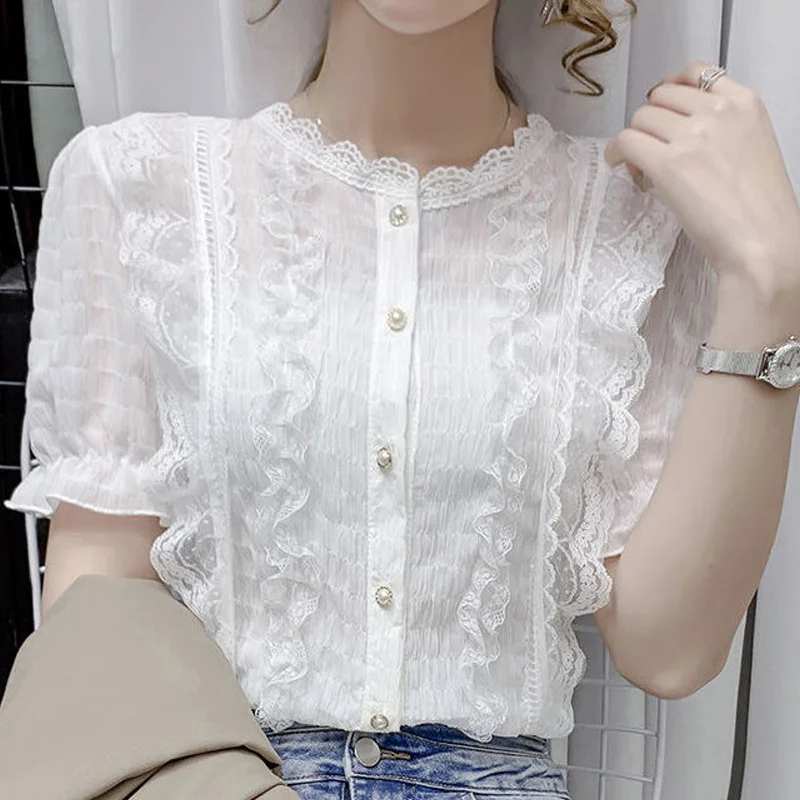 Solid Color Ladies Lace Hollow Out Blouses Short Sleeve Tops Summer Office Lady Interior Lapping 2024 New White Women\'s Clothing