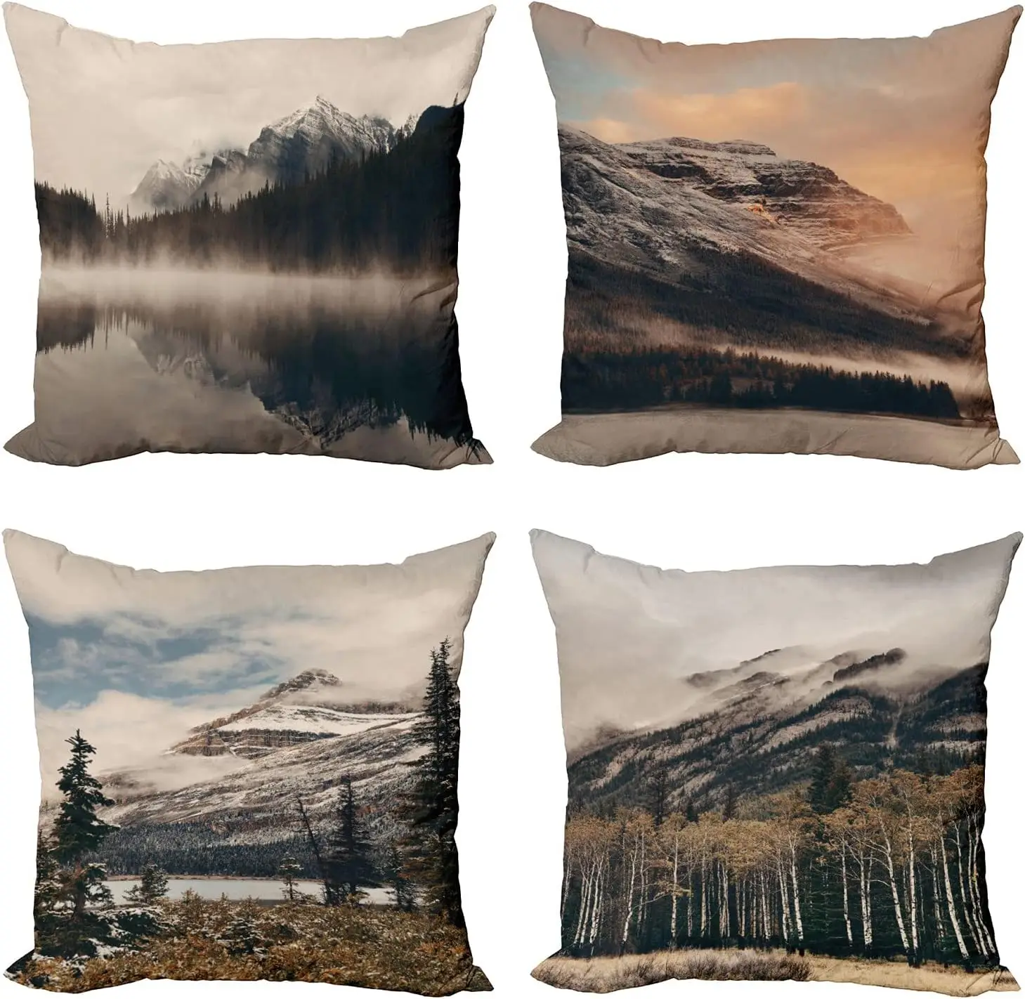 Short Plush Cushion Cover, Snow Mountain Forest Natural Outdoor Landscape Pattern Printed Pillowcase  45x45 pillow case