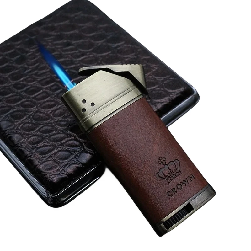 Business lighter, high-end metal leather, inflatable windproof blue flame, straight towards cigar, personalized lighter