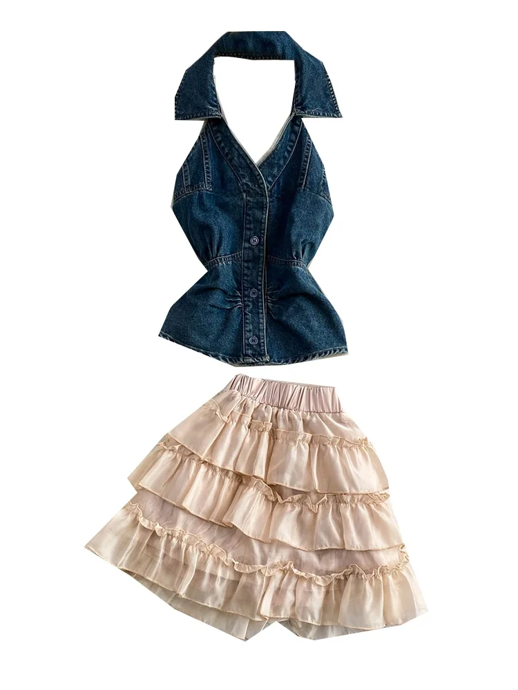 Sweet And Spicy Millennium Feeling Slimming Denim Sleeveless Sexy Collar Top And High Waist Cake Skirt Two Piece Set for Women