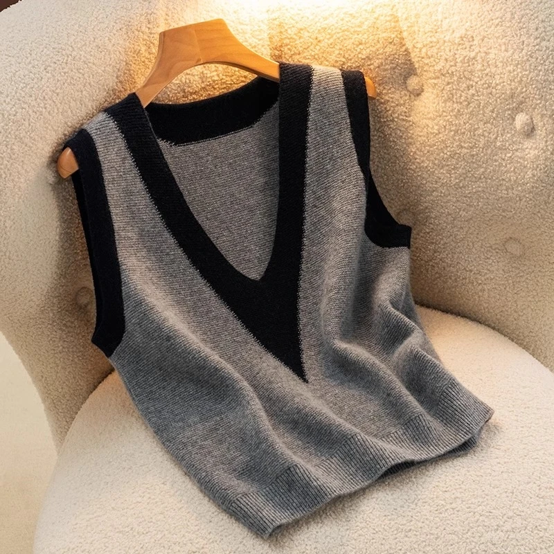 

Женский вязаный жилет с V-образным вырезом из чистой шерсти бренда Qingdao, модный дизайн для осени и зимы, для повседневной носки