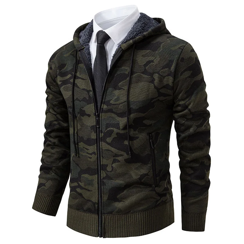 New Autumn and Winter Men's Warm Cotton-padded Clothes Cardigan Jacket Hooded Sweater Knitted Sweater Camouflage Jacket