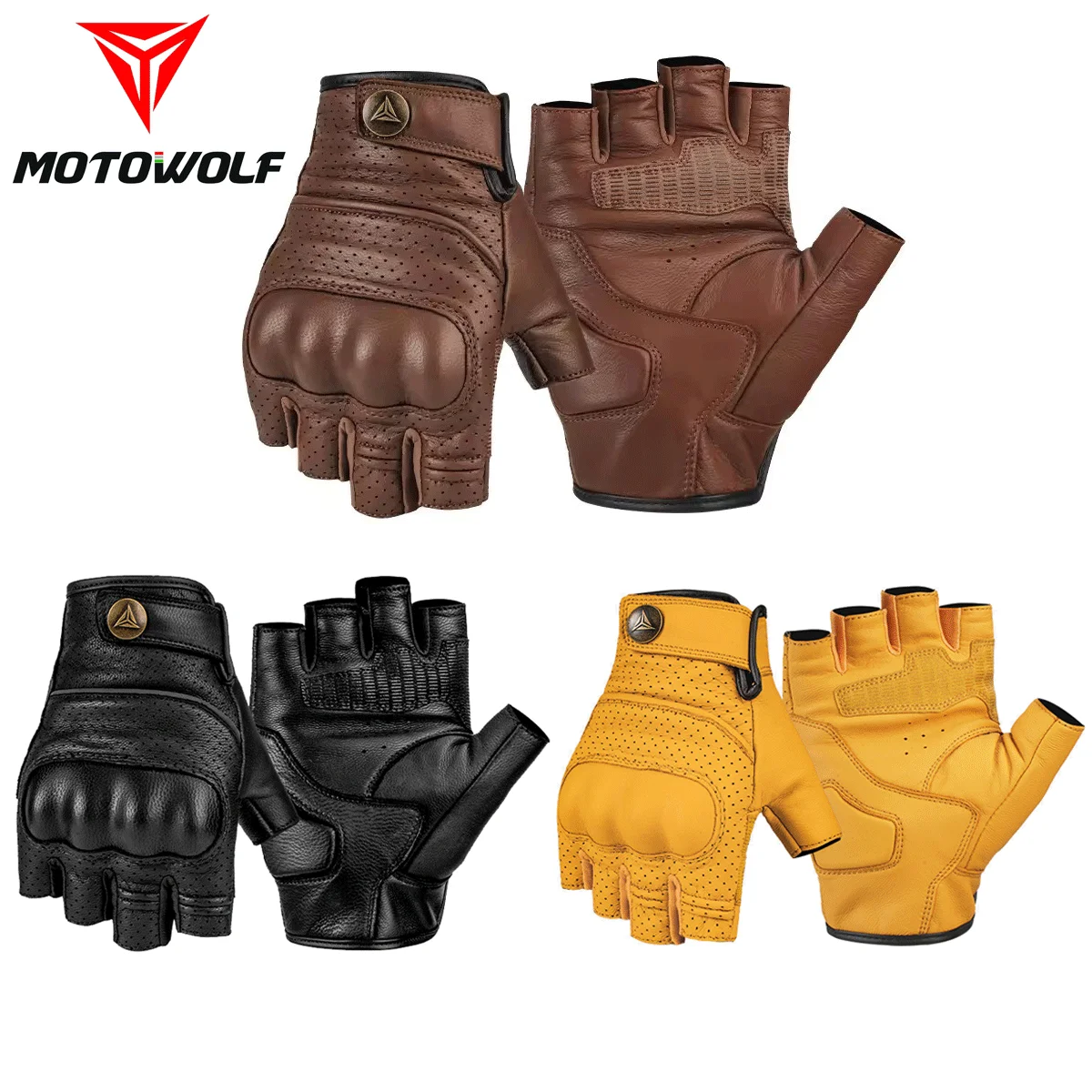 Half Finger Leather Motorcycle Gloves Hard Knuckle Protector Riding Cycling Gloves Retro Vintage Metal Buckle Brown Yellow Black