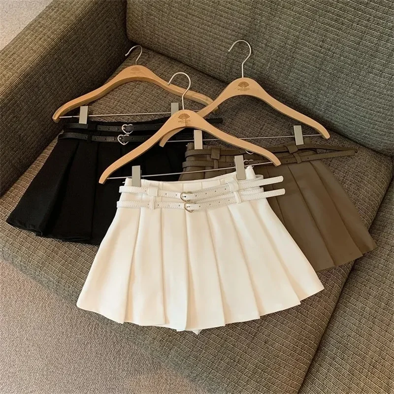 Mini jupe plissée pour femmes, avec ceinture double cœur, pour adolescentes, taille haute, jupe de Tennis, tenue d'été Preppy Y2K