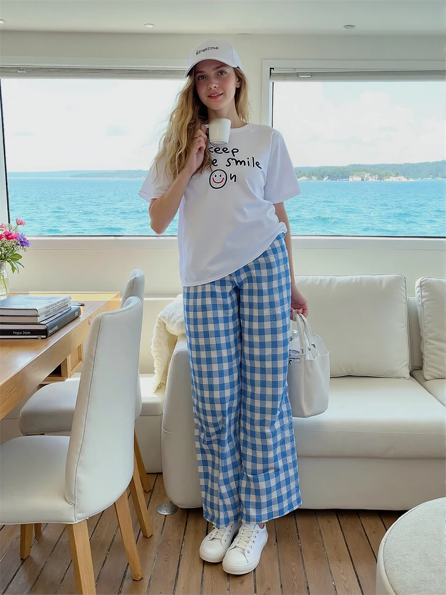 Calças femininas de tamanho grande, azul, rosa, xadrez, elegante, trabalho, traje de negócios, formal, profissional, slim fit, calças para mulheres