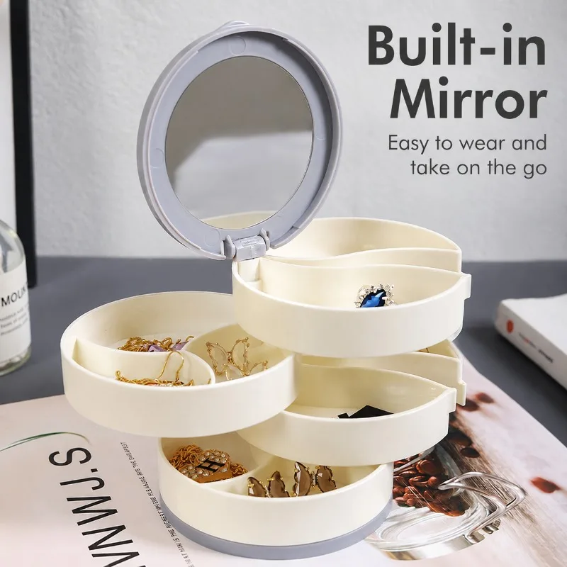 Multi-layer Rotating Jewelry Tray Flip Cover Storage Box with Mirror Divided Compartment Organizer for Earrings Rings Necklaces