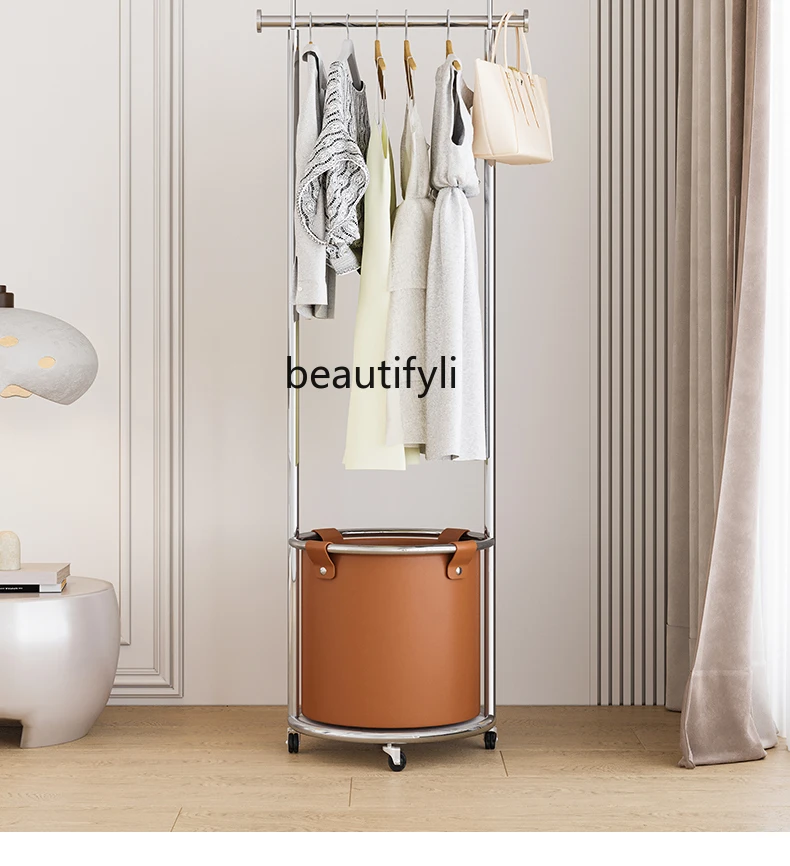 Light Luxury Movable Coat Rack Stainless Steel Entrance Clothes Hanging Rack Leather Pocket Storage Hanger