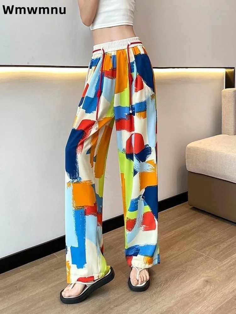 Ice Silk Baggy Wide Leg Pants Women's Casual Drawstring High Waisted Pantalones Loose Straight Chiffon Printed Trousers Hosen