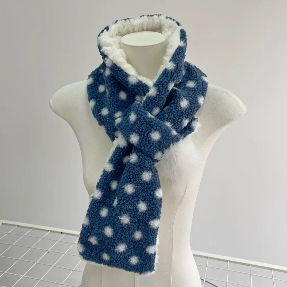

Y2K Winter Wool Checkered Scarf Woman Decorative accessories Thickening Ladies Polka Dot Imitation Lamb Warmer Cuellos Protector