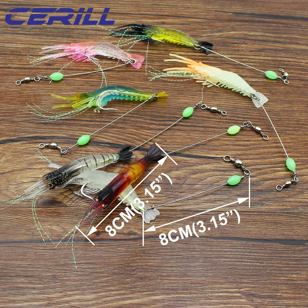 Cerill 5 PCS 8cm 5.6g Artificial Shrimp Bait With Luminous Bead Swivels Soft Fishing Lure With Hook Silicone Rig Swimbait Tackle