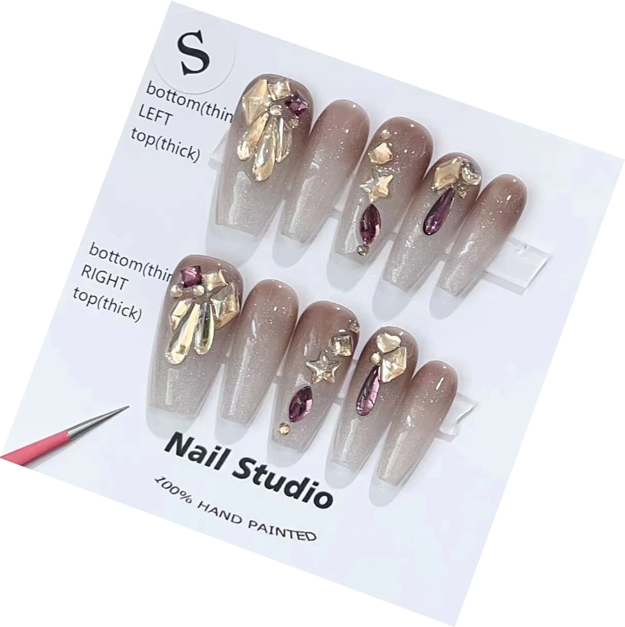 100% Handmade Press On Nails with Wine Red Gradient Color and Rhinestone,Elegant and Luxurious In Emmabeauty Store No. EM19147