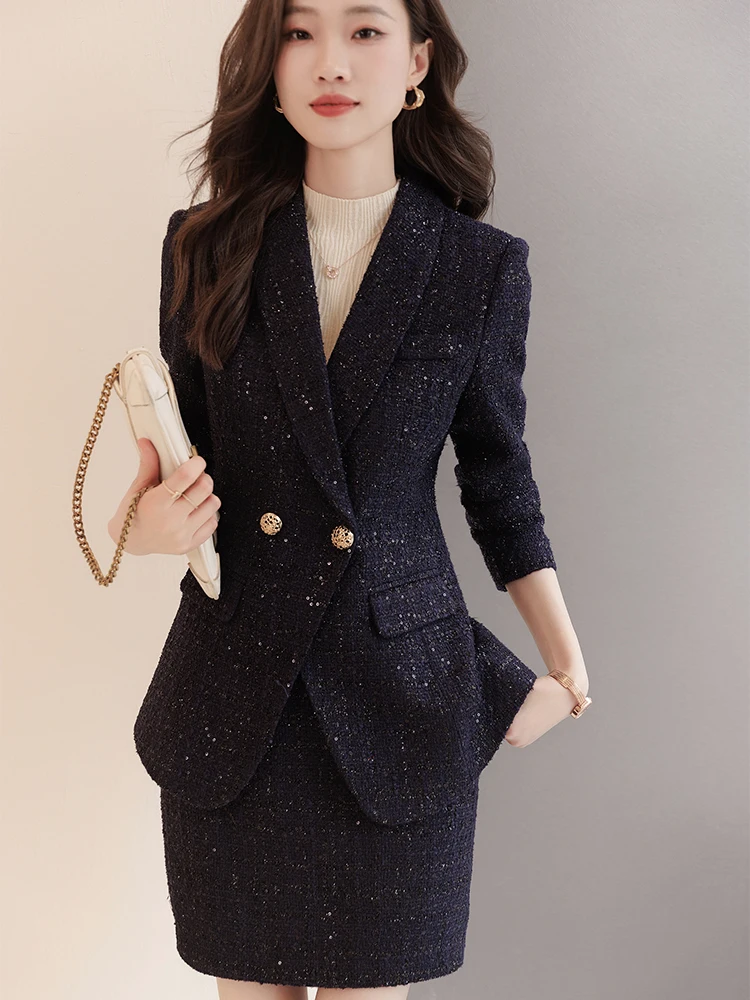 2023 Fashion Formal Skirt Suit Women Ladies Pink Navy Long Sleeve Plaid Two Piece Blazer Set