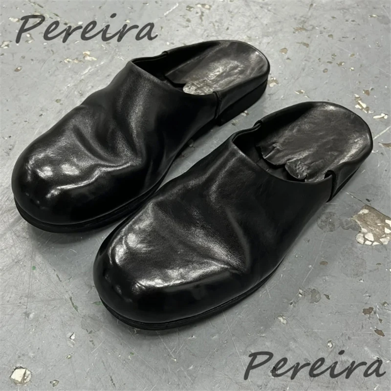 

Retro Pleated Black Leather Half Slippers for Men Women Trend Thick Soled Big Round Toe Slip-On Mules Summer Couple Casual Shoes