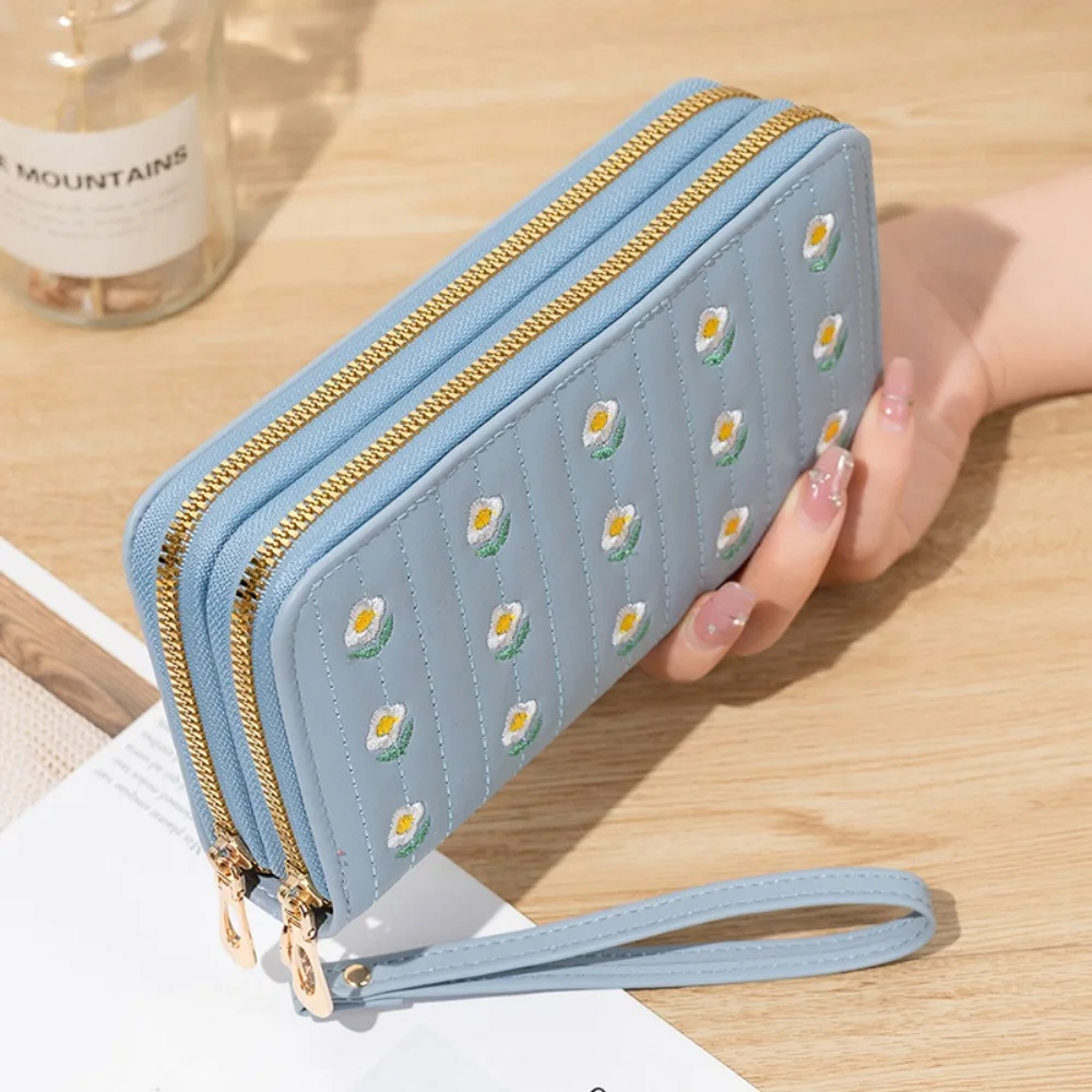Dompet Panjang Ritsleting Ganda untuk Wanita Dompet Koin Bordir Bunga Fashion Tempat Kartu Tas Uang Ponsel Clutch Kulit PU Wanita