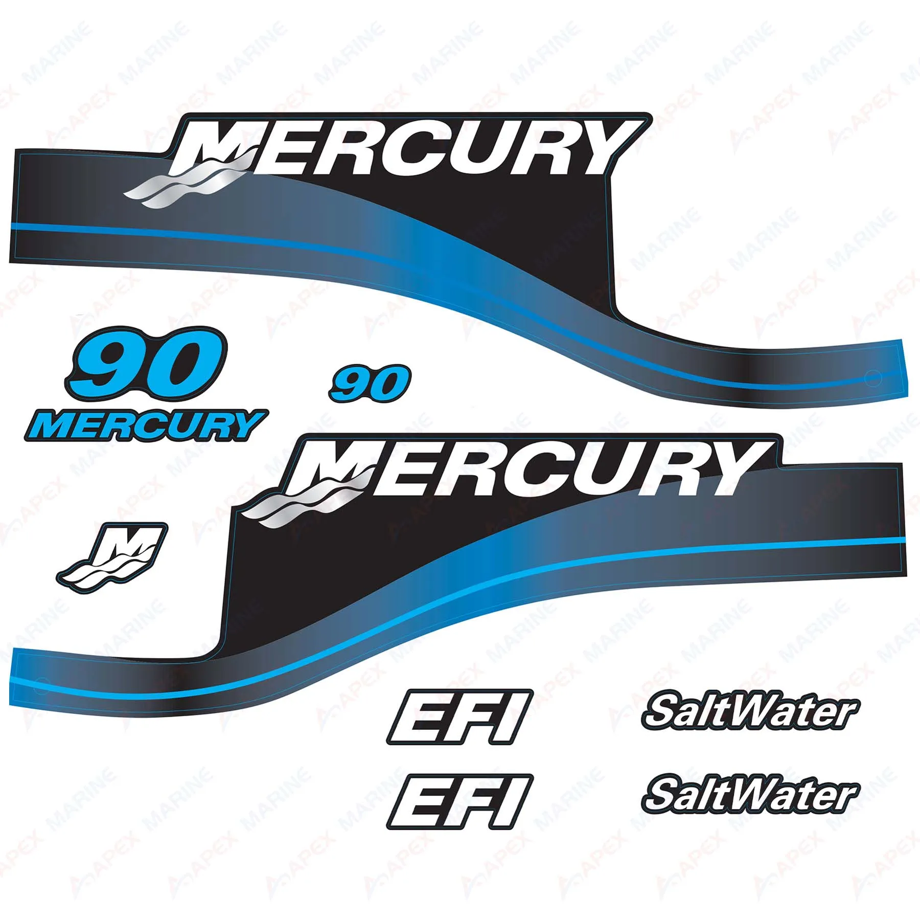 Decals for Mercury 90 hp SaltWater EFI Outboard Engine Blue Decal Kit Sticker Set Reproduction 90HP SaltWater EFI