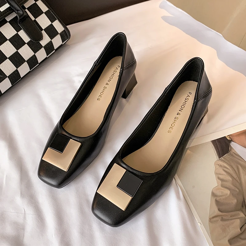 3cm Medium High Heel Shoes Woman Genuine Leather Pumps Square Toe  Ladies Metal Buckle Loafers Office Dress Shoes 2024