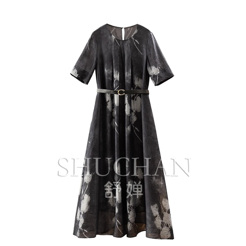

Retro Charm Ink Printing Belt Waist Round Neck Half Sleeve Dress New Women 31C1 Vestidos Elegantes Para Mujer