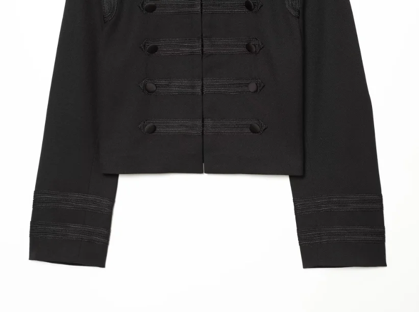 Black Cropped Military Jacket Stand Collar Long Sleeve Double Breasted Stitch Decor Coat 2026 Fall Street Daily Women's Coats