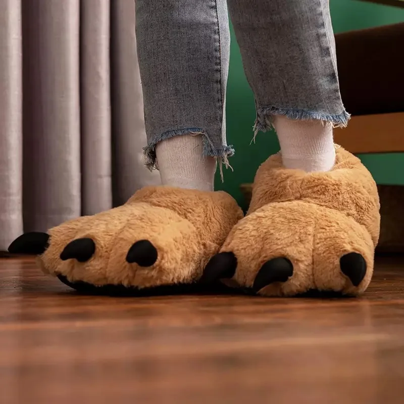 2026 Chunky Warm Bear Paw Slippers for Home Women Creative Funny Slipper Soft Plush Cute Cartoon Girls Indoor House Floor Shoes