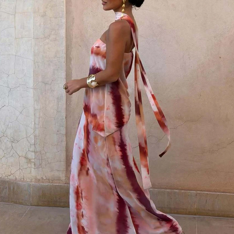 

Women's Fashion Backless Cocktail Outfit 2026 Summer Print Vacation Two Piece Sexy Strapless Hollow Top and Long Skirt Beach Set