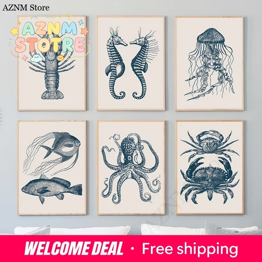 Seahorse Octopus Jellyfish Crab Vintage Marine Life Wall Art Print Canvas Painting Posters For Living Room Modern Home Decor