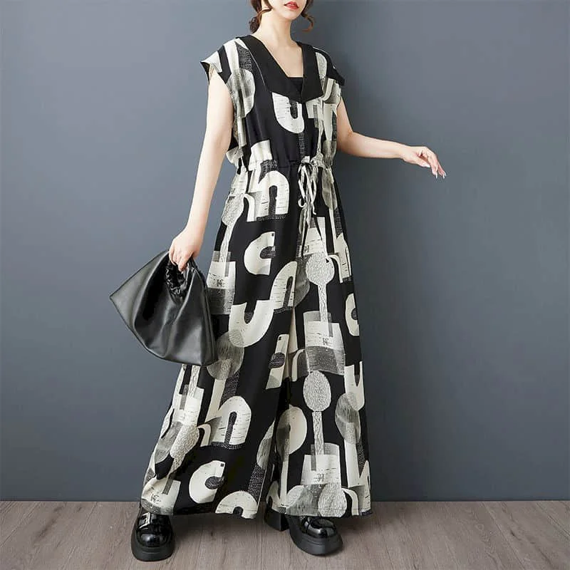 Oversize Jumpsuits Women Short Sleeve Casual Print One Piece Outfit Women Playsuit Vintage Overalls for Women Wide Leg Pants